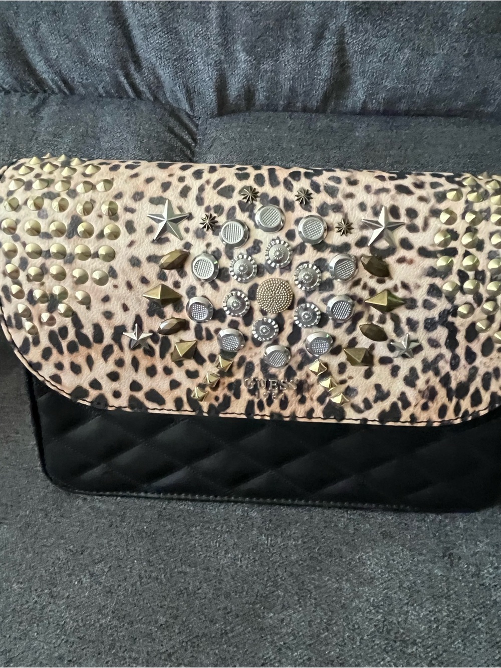 GUESS Leopard-Print Studded Flap Clutch - Black and Tan
